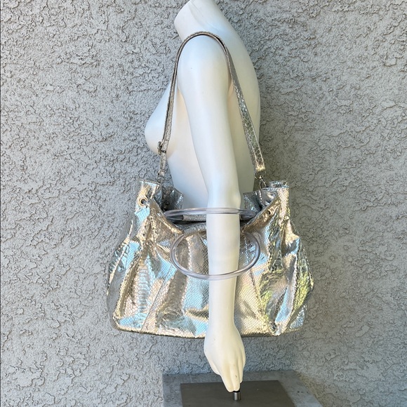 None Handbags - Silver Metallic Shiny Snakeskin Patterned Women's Shoulder Bag Purse Pocketbook
